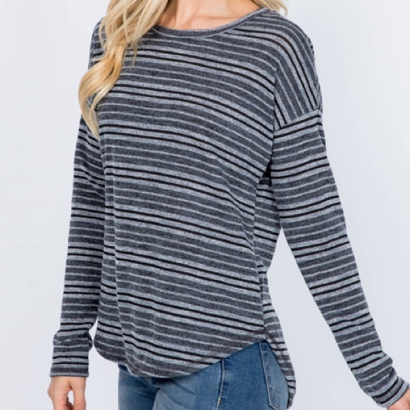 Gray & black long sleeve drop shoulder curved hem striped pullover top, NEW! - Picture 14 of 16